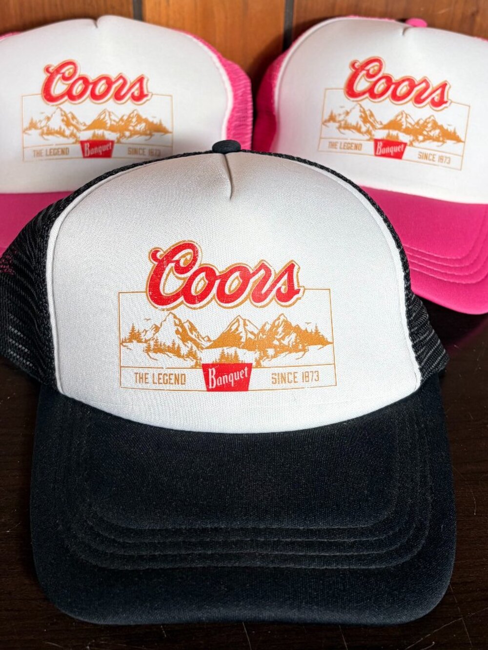 Lot of 3 Coors Banquet Hats Double Snapback - 2 Pink 1 Black - NWOT